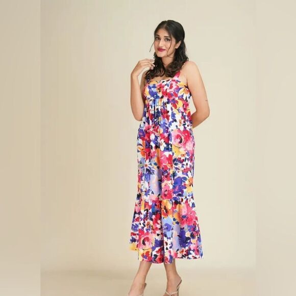 London Times Floral Print Colorful Tiered Smocked Waist Maxi Dress - Picture 1 of 9